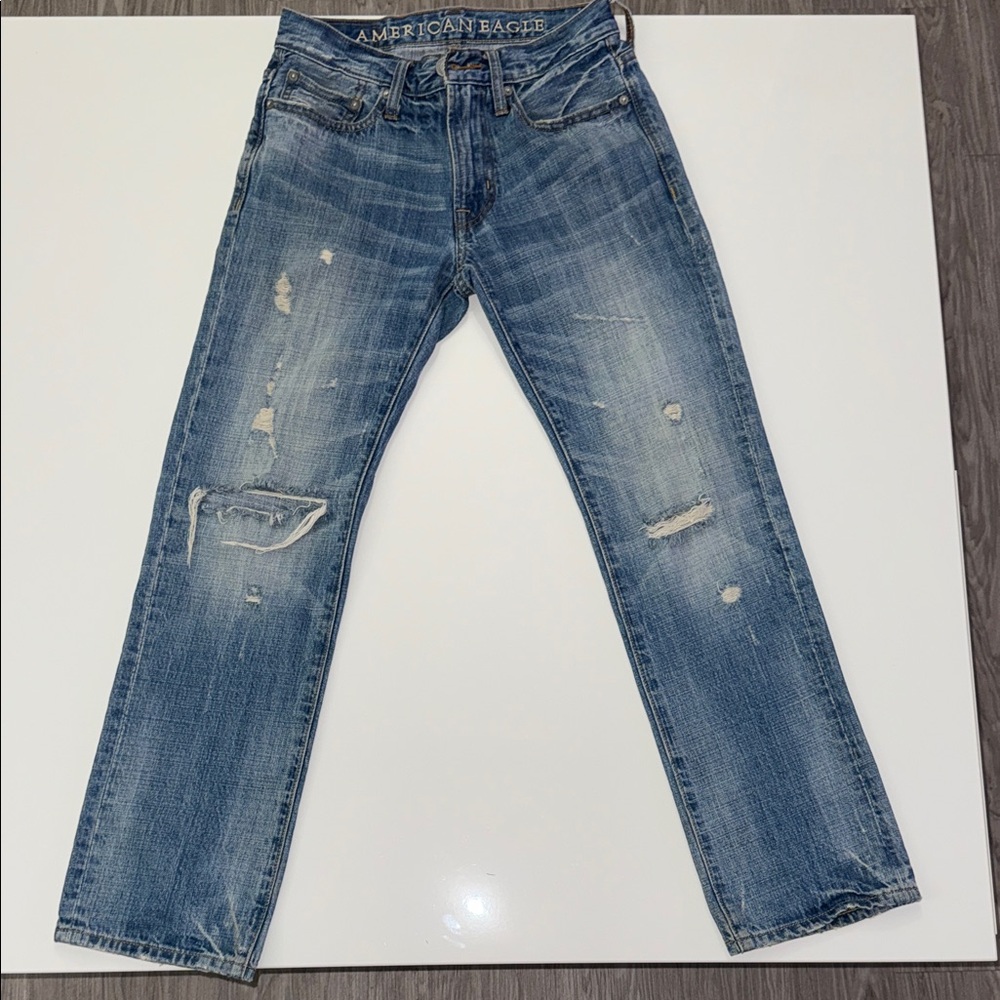 American Eagle Jeans Mens 26/28 Slim Straight Leg Medium Blue Denim Distressed